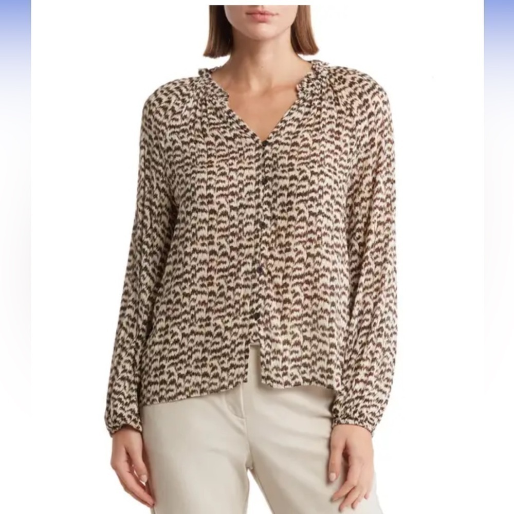 Tahari V-Neck Long Sleeve Top Size Large, IVORY BLACK IKAT